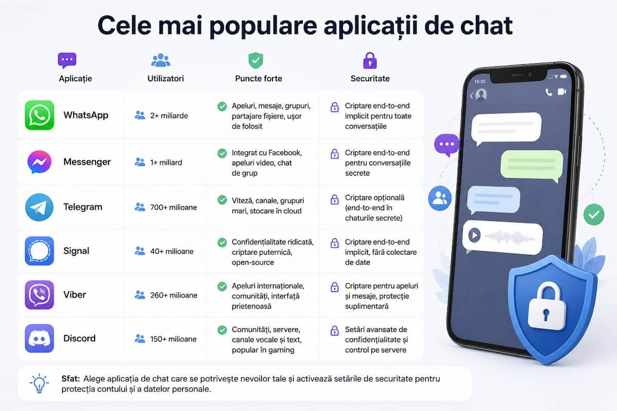 Comparație între cele mai populare aplicații de chat și funcțiile lor de securitate