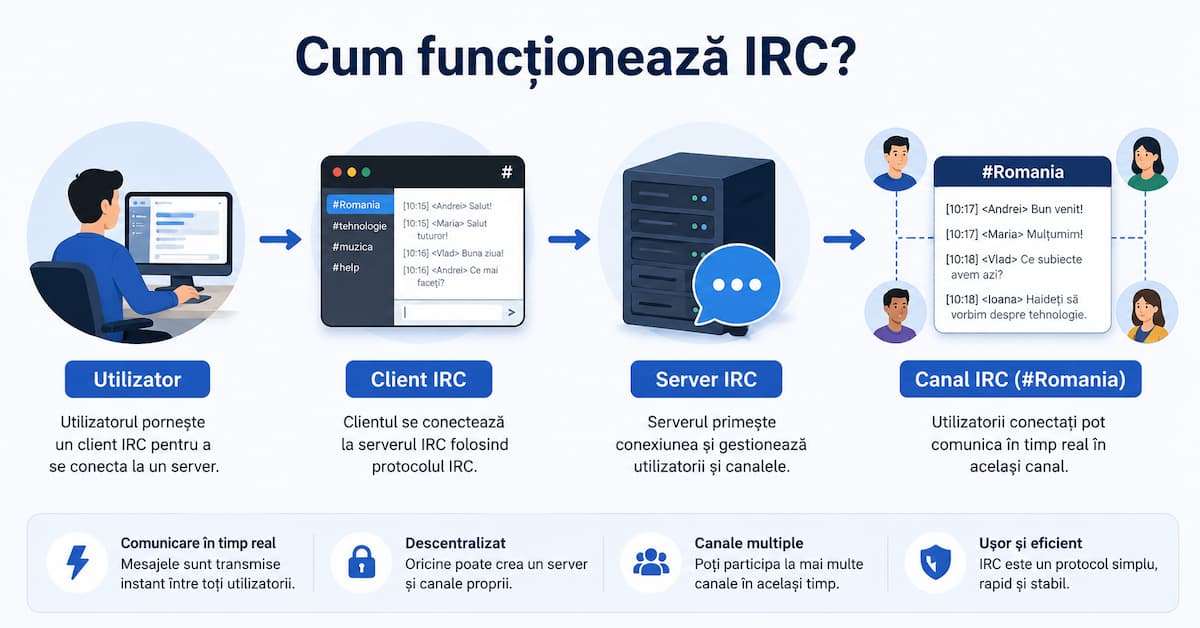 conectează client IRC la un server și la un canal de chat