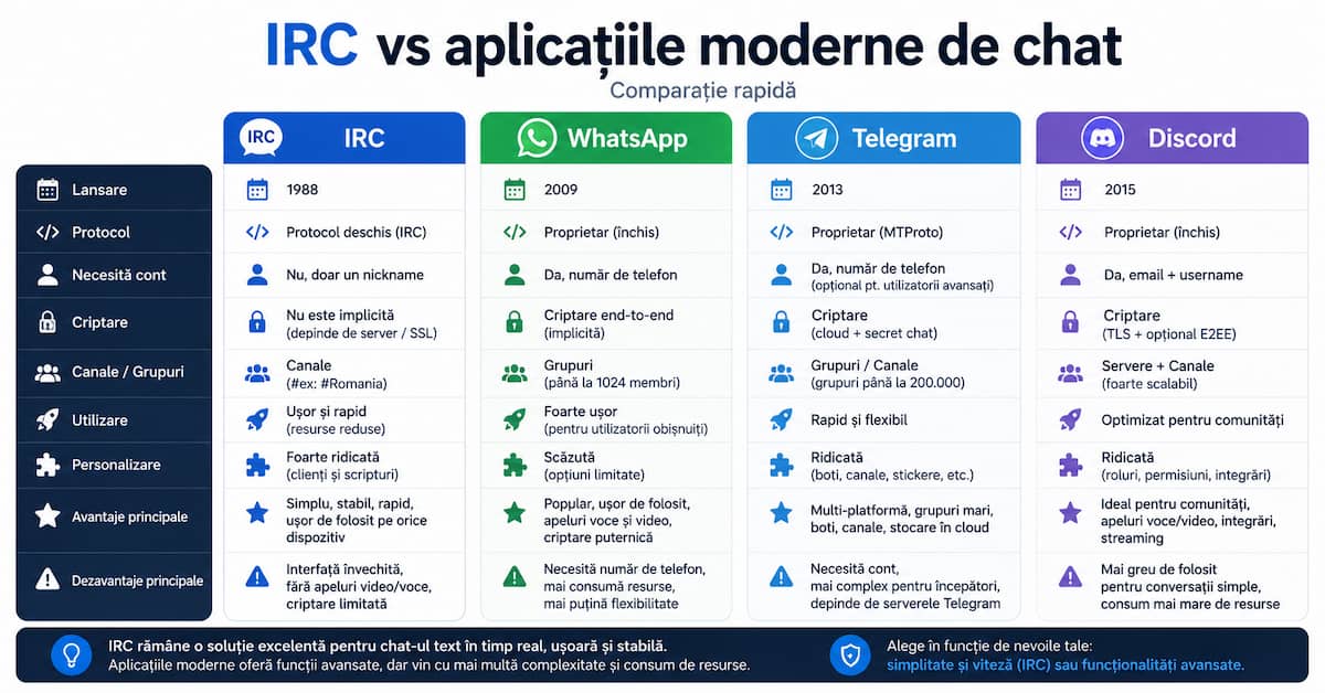 comparație IRC vs aplicațiile moderne de chat