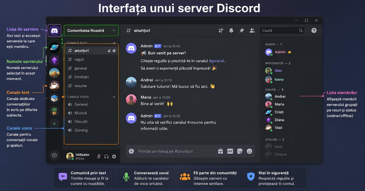 interfață server Discord cu canale